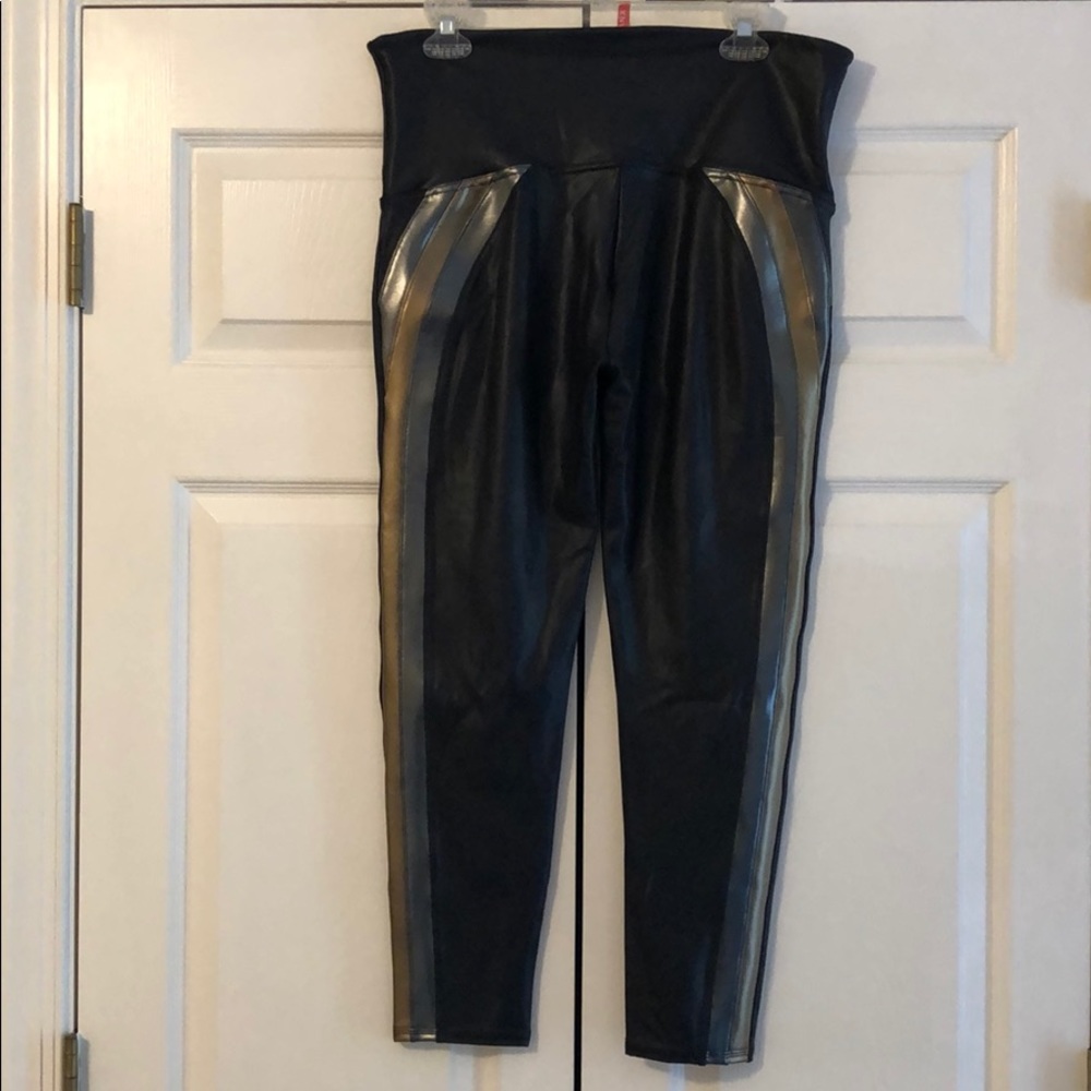SPANX FAUX LEATHER LEGGINGS METALLIC STRIPE LEGS